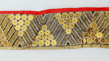 Indian Sari Trim, Black Art Silk Fabric With Gold Embroidery And Red Piping, Gold Sequins